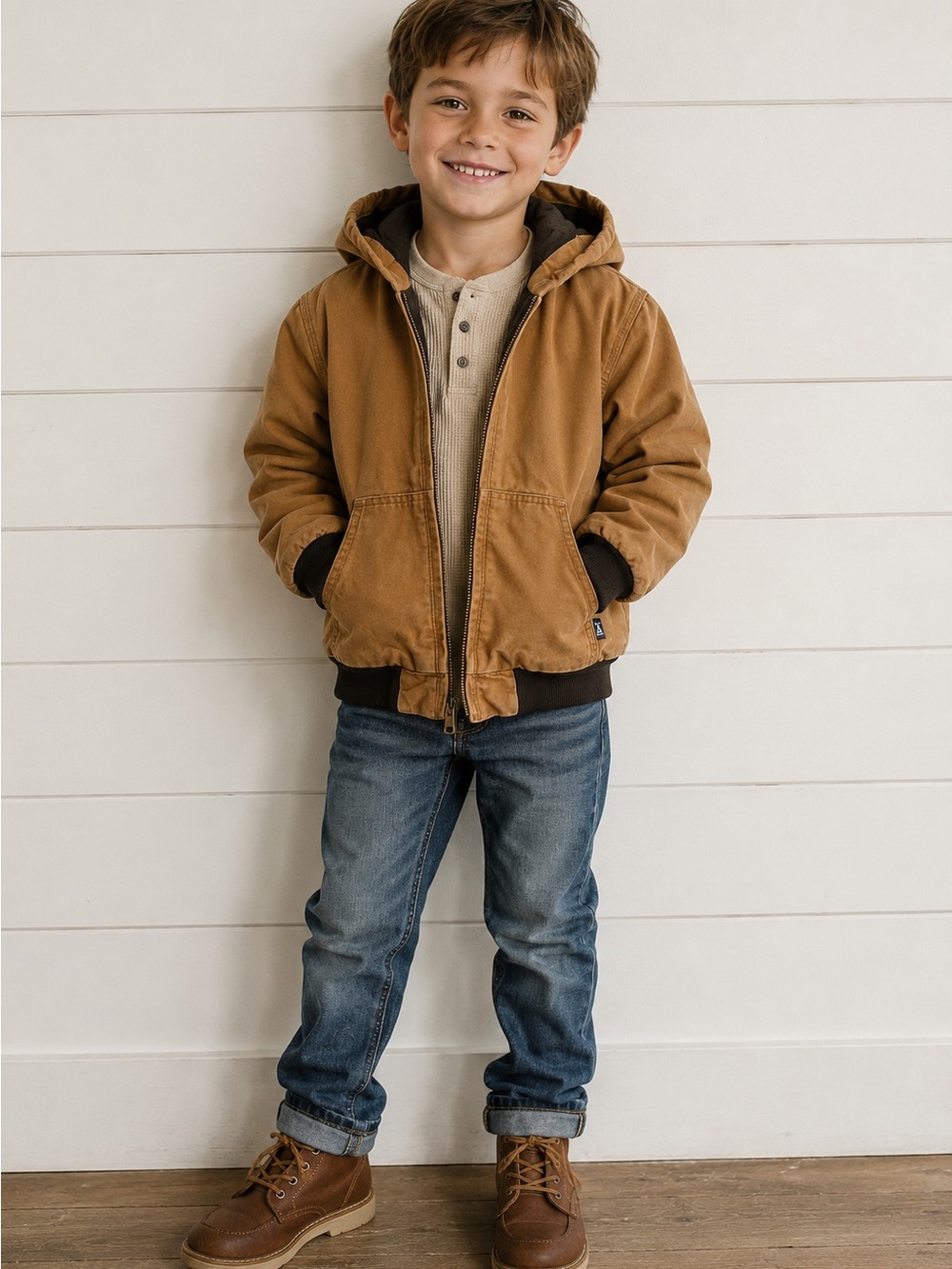 Vintage RK Boys denim khaki puffer work coat heavy duty Sz 7/8 Carhartt Style